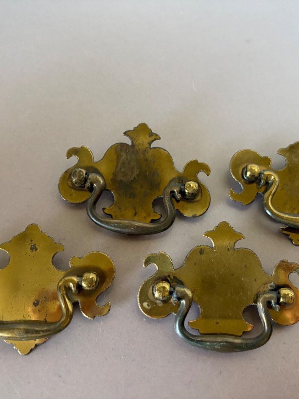 Set Of 4 Antique Brass Drawer Pulls With Ornate Backplates